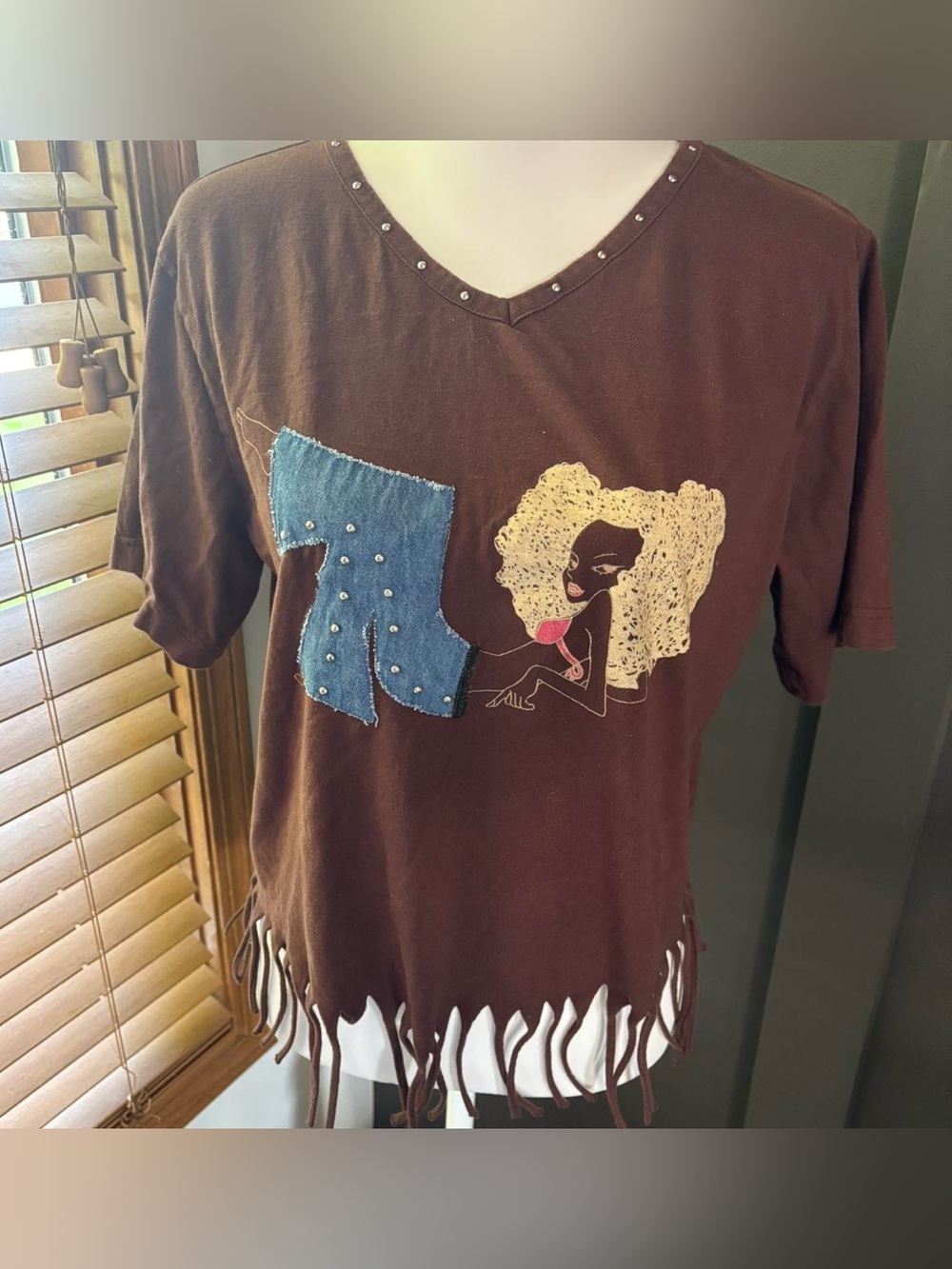 Vintage JBM Sport Y2K Brown Fringe Graphic Tee Denim Lace Studded XL